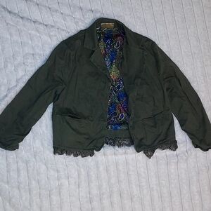 Cropped Olive Green Blazer With Lace Trim